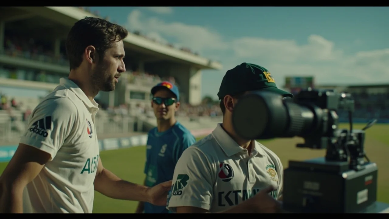 Medium editorial frame showing a captain and bowler in tactical discussion near the pitch during a Test match, with field placements and a partly cloudy sky in the background
