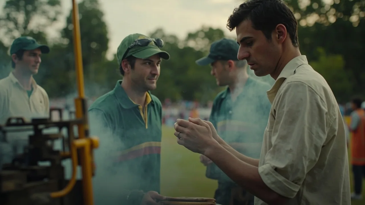Medium editorial frame showing a captain and bowler in tactical discussion near the pitch during a Test match, with field placements and a partly cloudy sky in the background