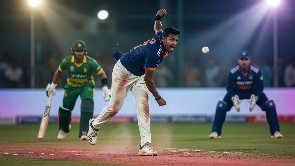 Cricket batter playing an attacking stroke under stadium lights with blurred crowd behind