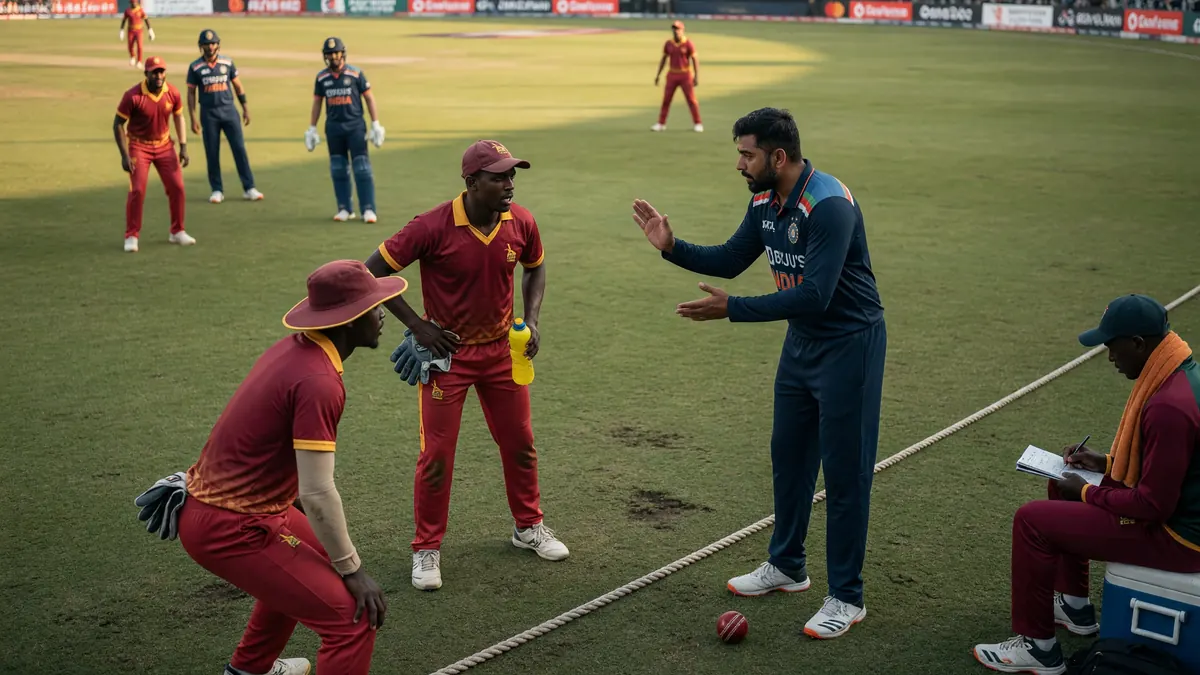 Fielders and bowler set in a tactical ring on a sunlit cricket field during a match break in play
