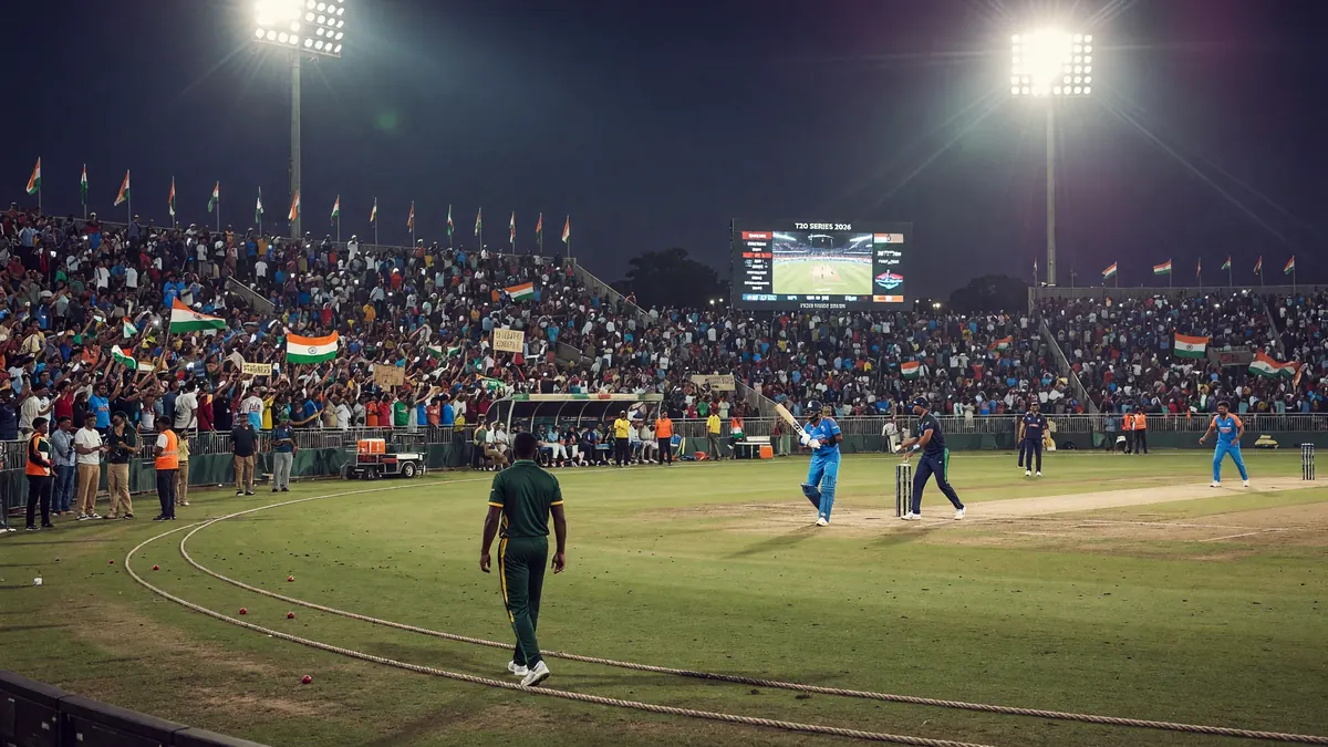 Wide view of a floodlit cricket ground with crowd and green outfield before an evening international match